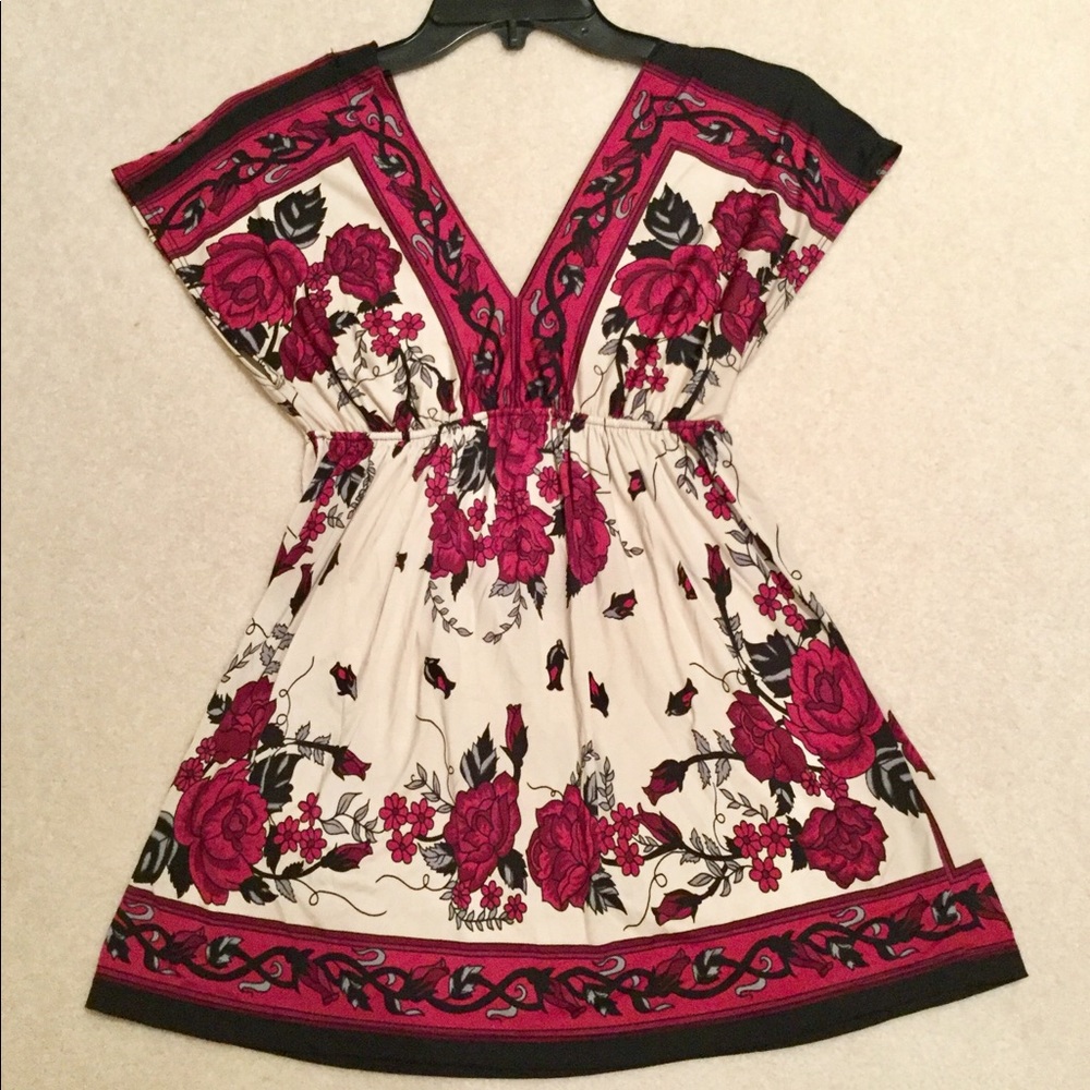 Floral Rose plunge V neck boho peasant tunic top